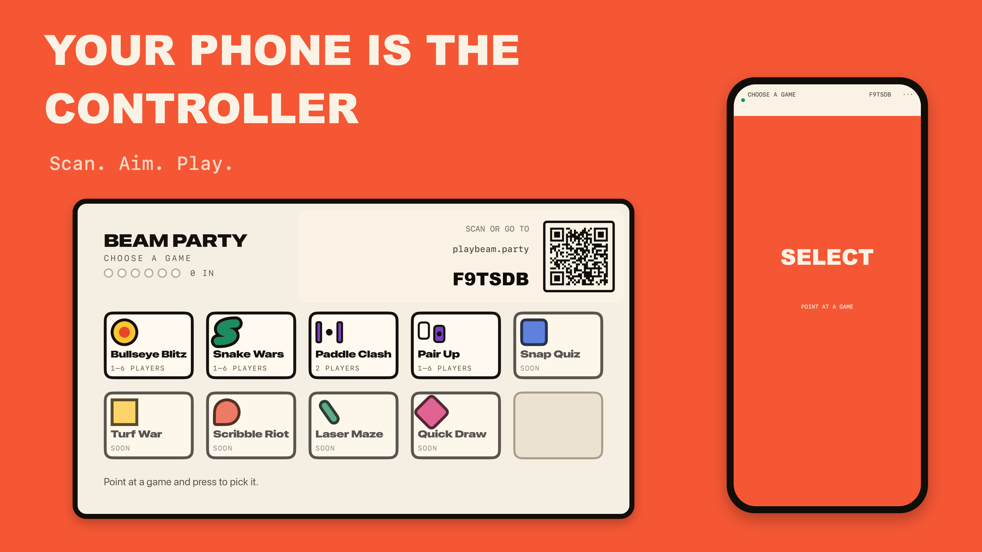 Beam Party game picker on a TV beside a phone controller